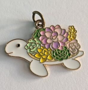 Turtle pendant charm pastel succulent enamel gold tone white tortoise